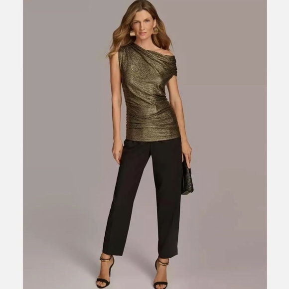 Donna Karan Women's Gold/Black Metallic Shiny Ruched One Shoulder Top Size L - Picture 2 of 7